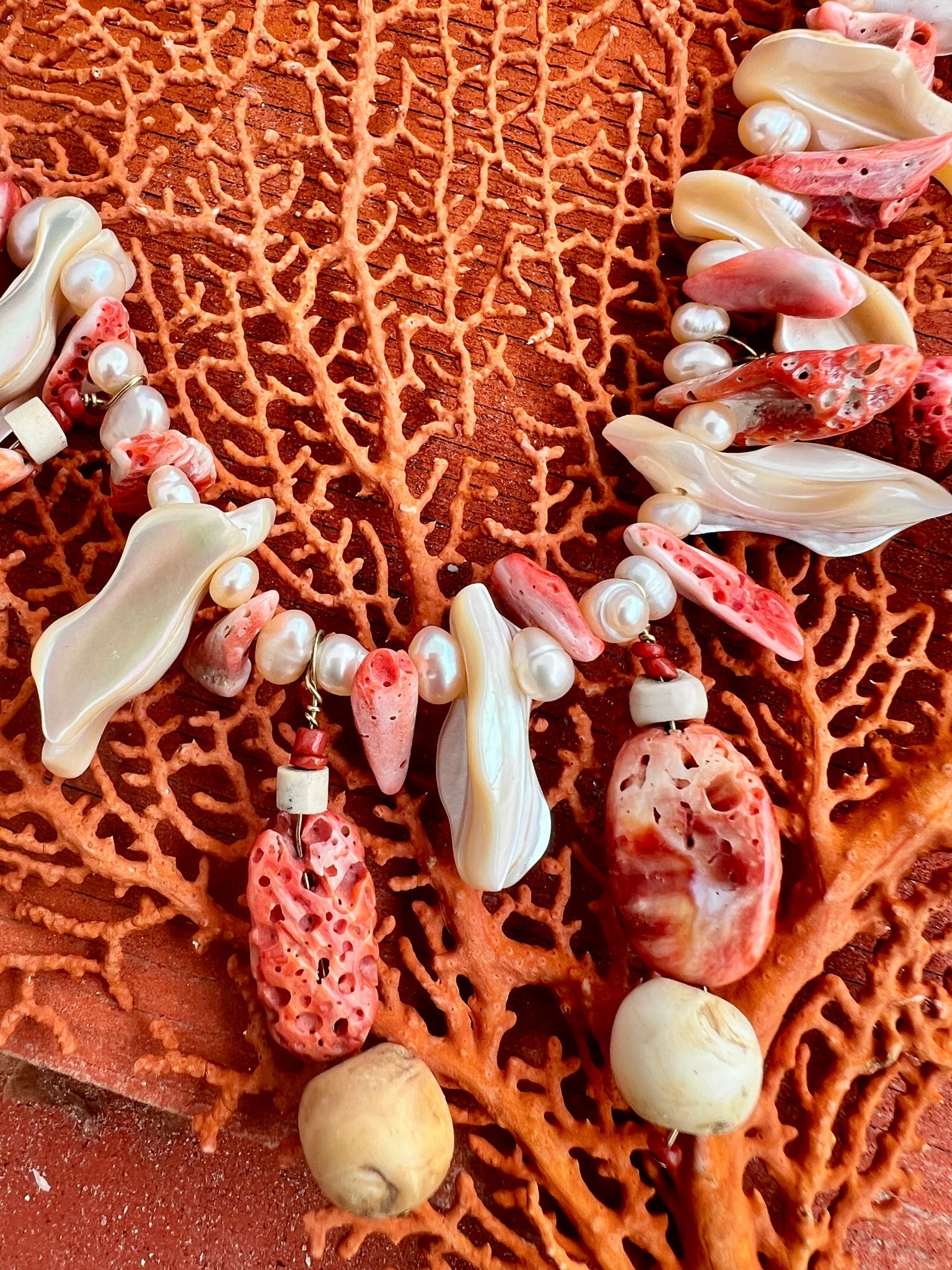 Turbo and Spondylus Shell Necklace with Pearls - 2