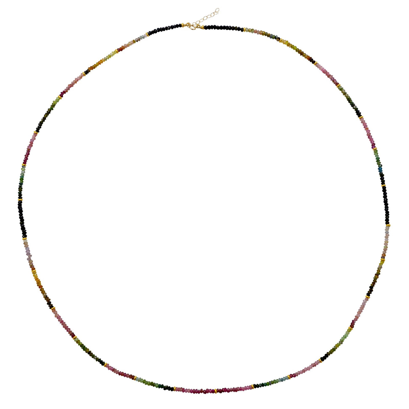 Rainbow Ombre Tourmaline 14k Gold Necklace: Title:Rainbow Ombre Tourmaline 14k Gold NecklaceDescription:A fluid spectrum of color, this handcrafted necklace is composed of natural micro-faceted tourmaline beads arranged in a seamless ombré