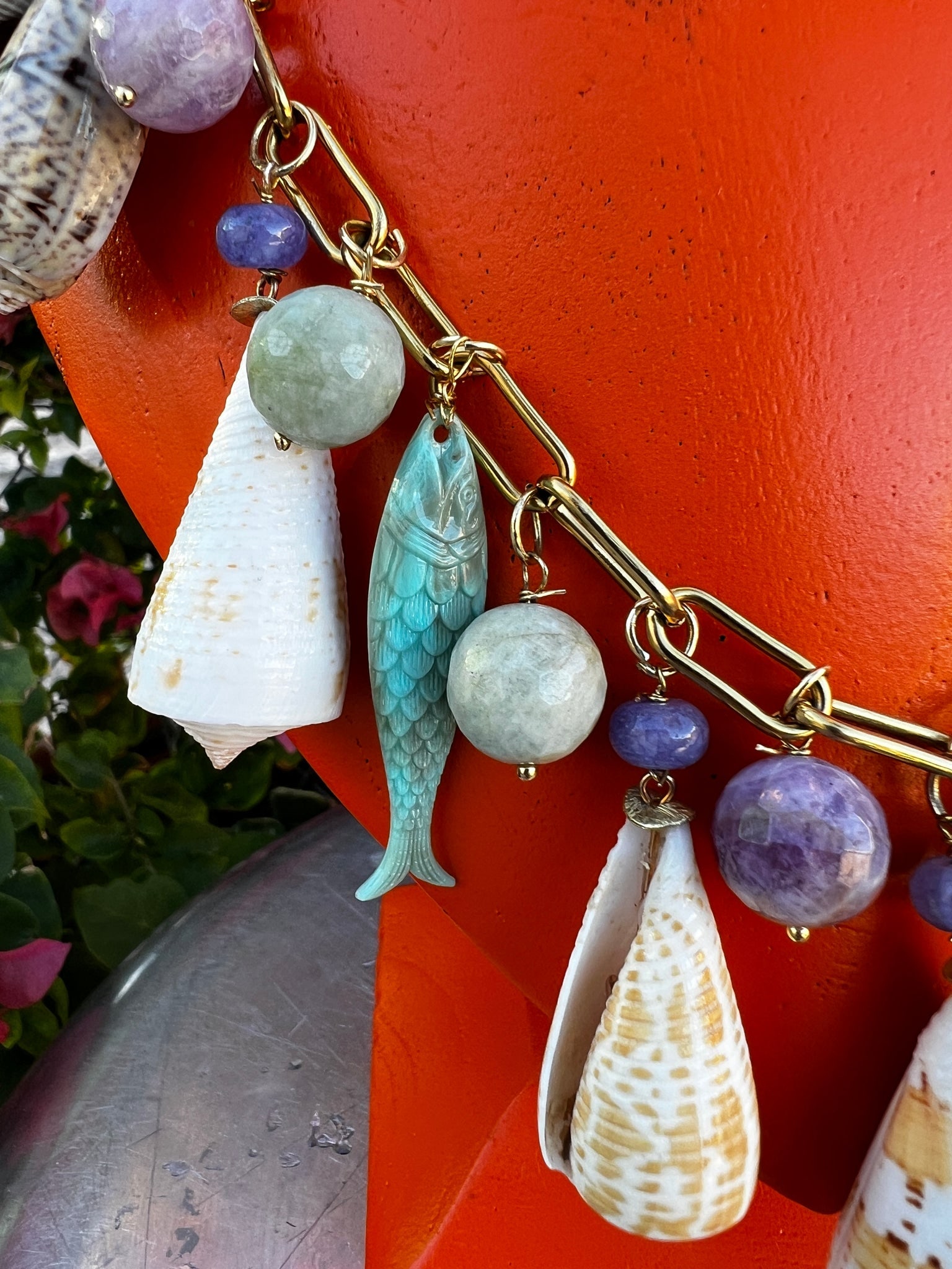 CSS 22" Cone Shell Necklace with Tanzanite, Amethyst and Fish - 4