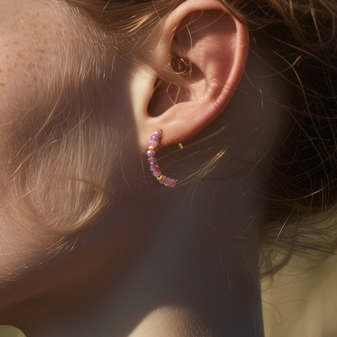 Pink Tourmaline Half Moon Earring 14K Gold Hoop - 9