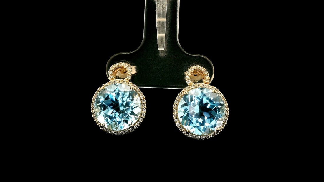 9.77 Ct Round Blue Topaz 9K Gold Earrings - 4