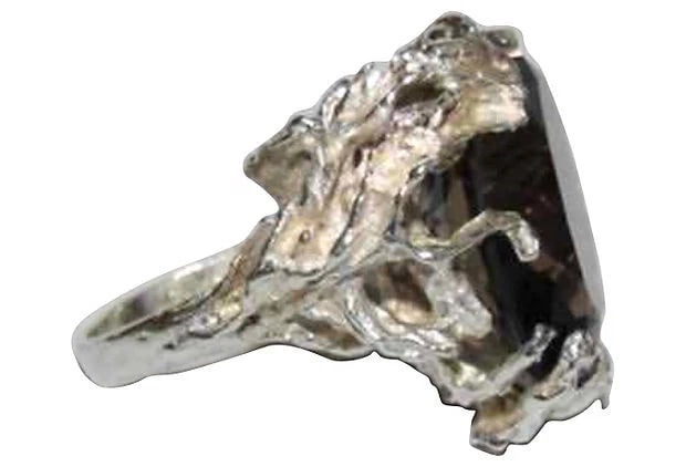 Massive Hand Brutalist Made Smoky Quartz Arts and Crafts Cocktail Ring - 3