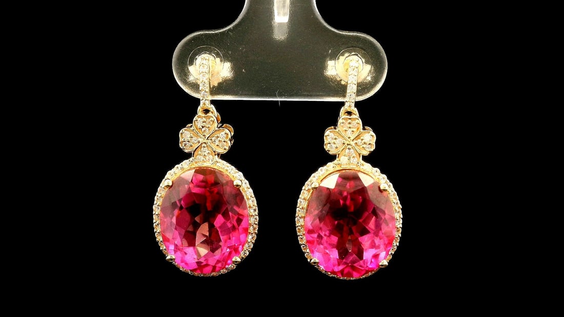 12.82 Ct Oval Pink Topaz 9K Gold Earrings - 4