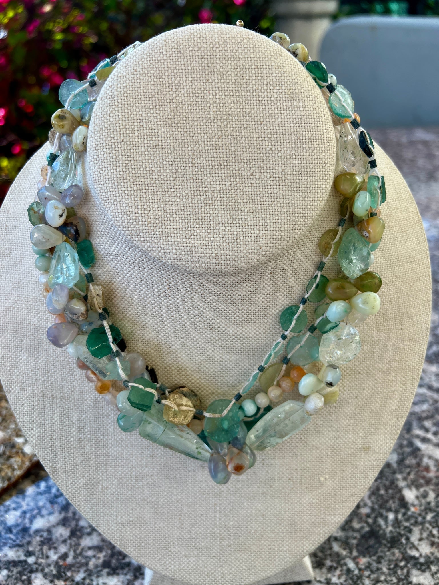 Roman Glass Bead Necklace with Aquamarine & Jasper - 4