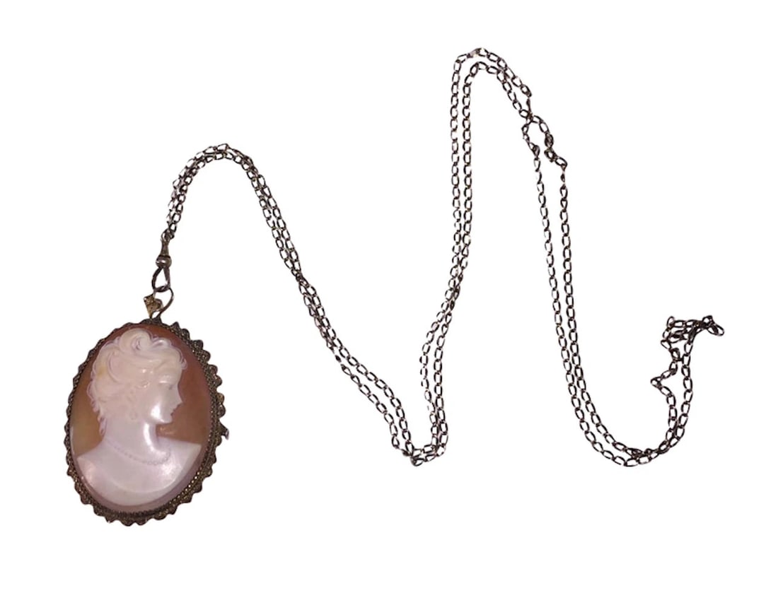 Sterling Silver 14 kt Gold Vermeil Filigree Woman's Profile Shell Cameo Necklace - 4