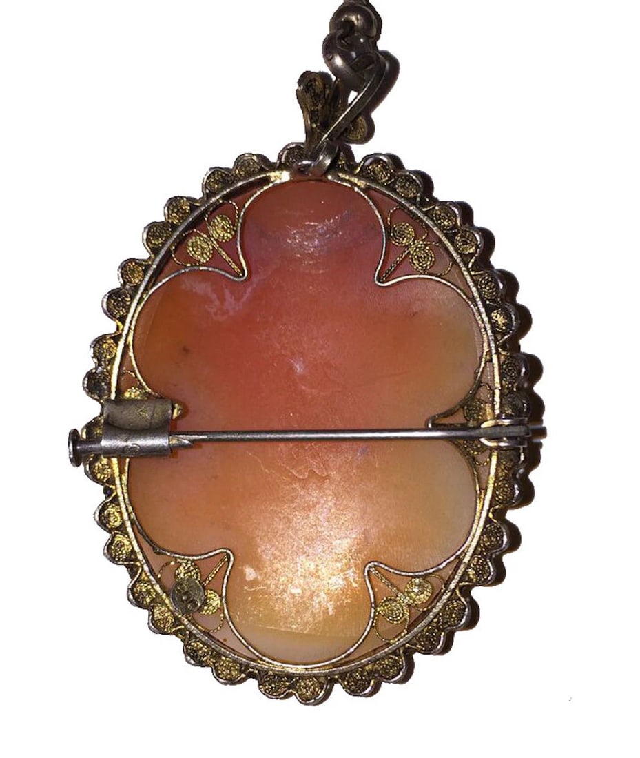 Sterling Silver 14 kt Gold Vermeil Filigree Woman's Profile Shell Cameo Necklace - 5