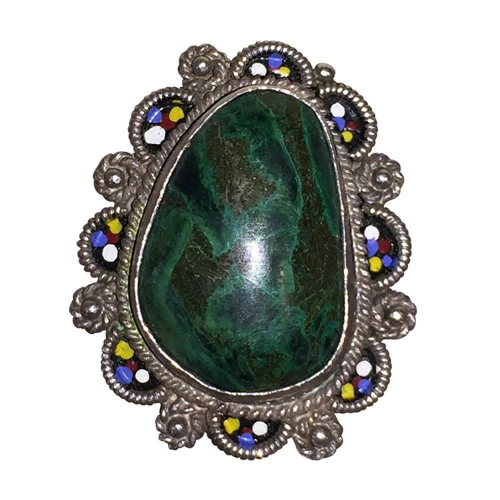 Artisan Sterling Silver Azurite Israeli Ring Alot Stone: Title:Artisan Sterling Silver Azurite Israeli Ring Alot Stone Description:Gorgeous artisan sterling silver azurite Israeli ring alot stone with lovely painting detail around the frame. Circa 1960's. R