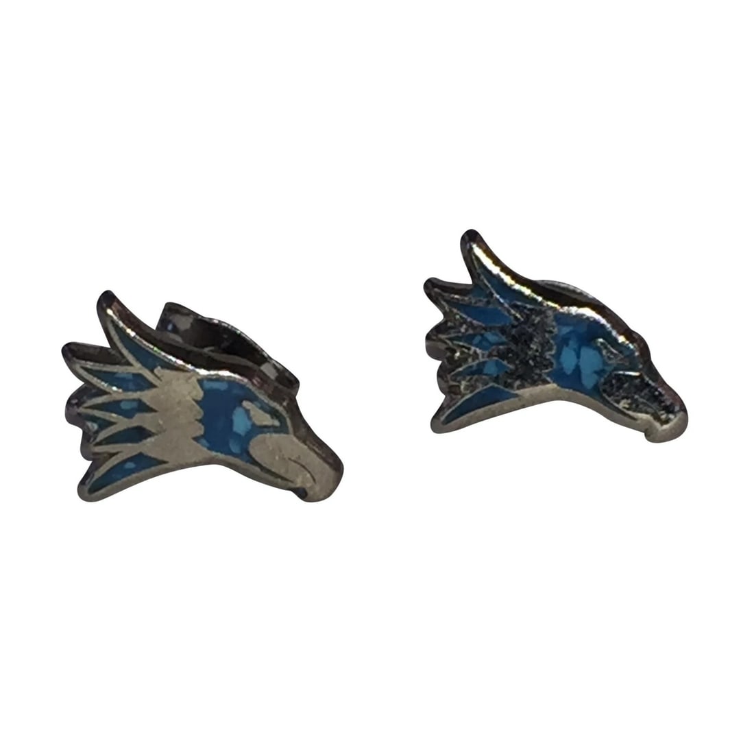 Vintage Eagle Head Earrings with Crushed Turquoise Chrome Plated: Title:Vintage Eagle Head Earrings with Crushed Turquoise Chrome PlatedDescription:Vintage Eagle Head Earrings with Crushed Turquoise Chrome Plated. Circa 1970s Measures 1/2" by 1/2". Earrings are