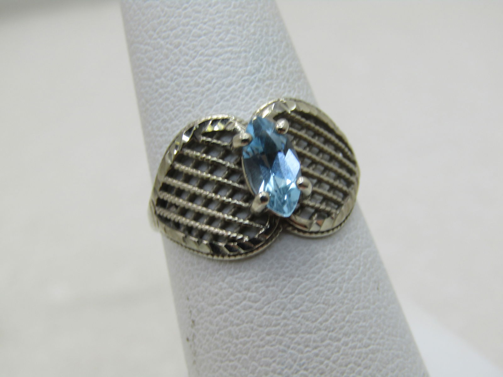 Vintage 10kt Marquise Blue Topaz Ring, Mesh Setting, MOD, 1980's-1990's - 2