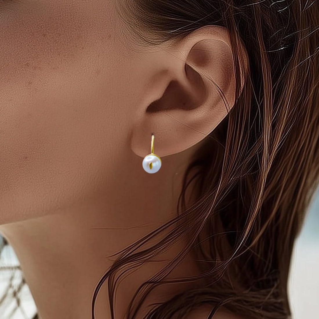 Cat Eye Pearl 18K Gold Hook Earring - 10