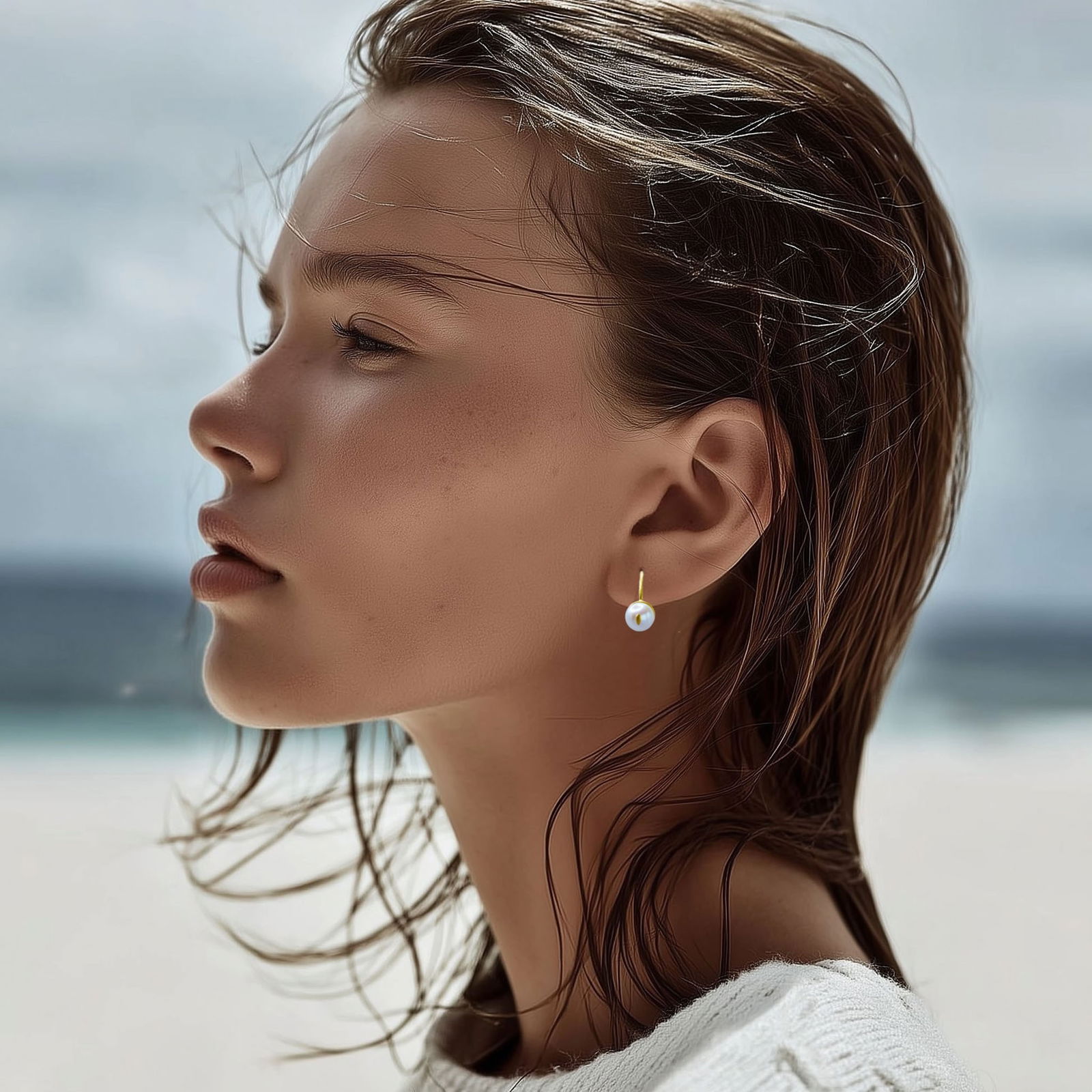 Cat Eye Pearl 18K Gold Hook Earring - 2