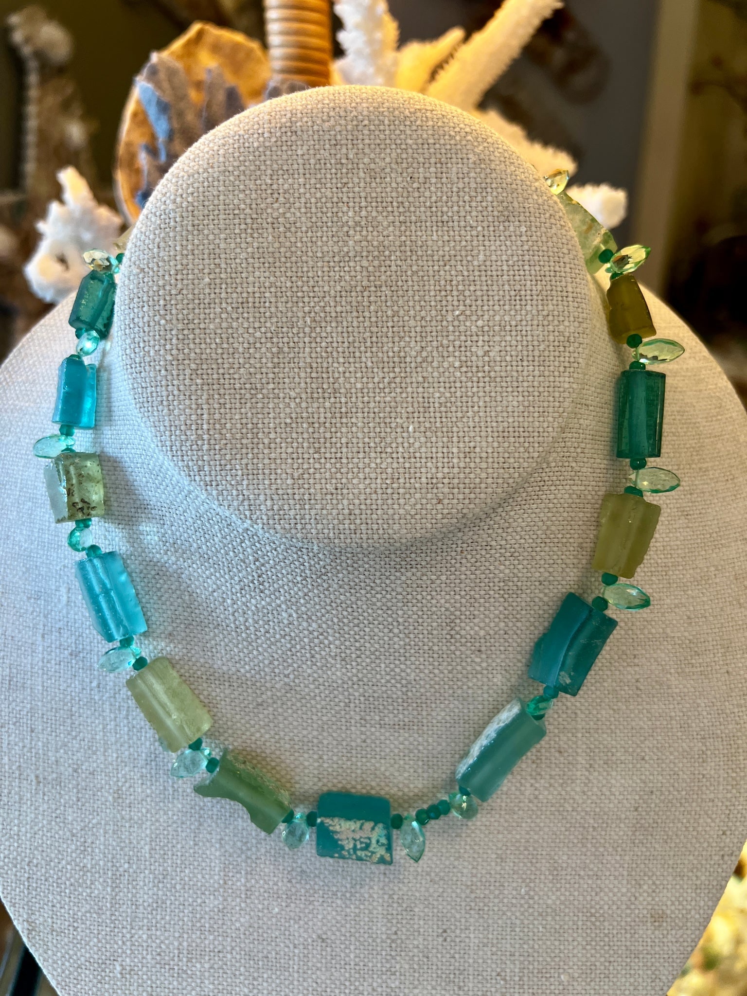 Roman Glass Bead Necklace with Tourmaline: Title:Roman Glass Bead Necklace with TourmalineDescription:Colors of Pompeii, the reconstituted Roman Glass Beads sparkle with the patina of ancient glass and dotted with Mint Green Tourmaline