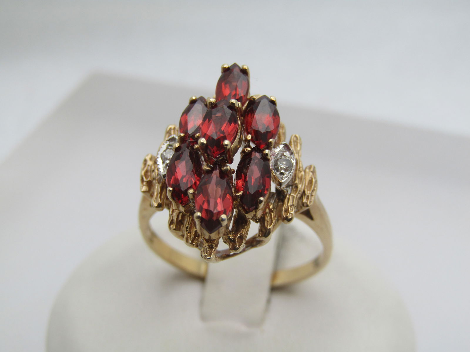 Vintage 10kt Marquise Hessonite Garnet & Diamond Ring, Sz. 8.5, Signed I.L. , 1980's-1990's. - 2