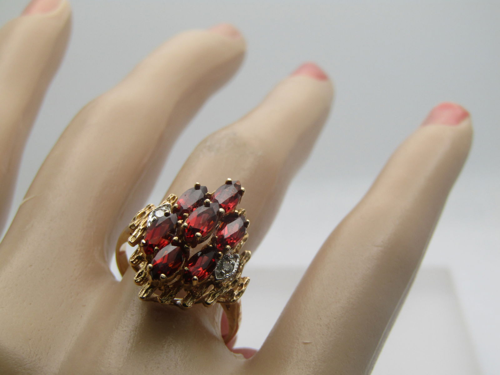 Vintage 10kt Marquise Hessonite Garnet & Diamond Ring, Sz. 8.5, Signed I.L. , 1980's-1990's. - 6
