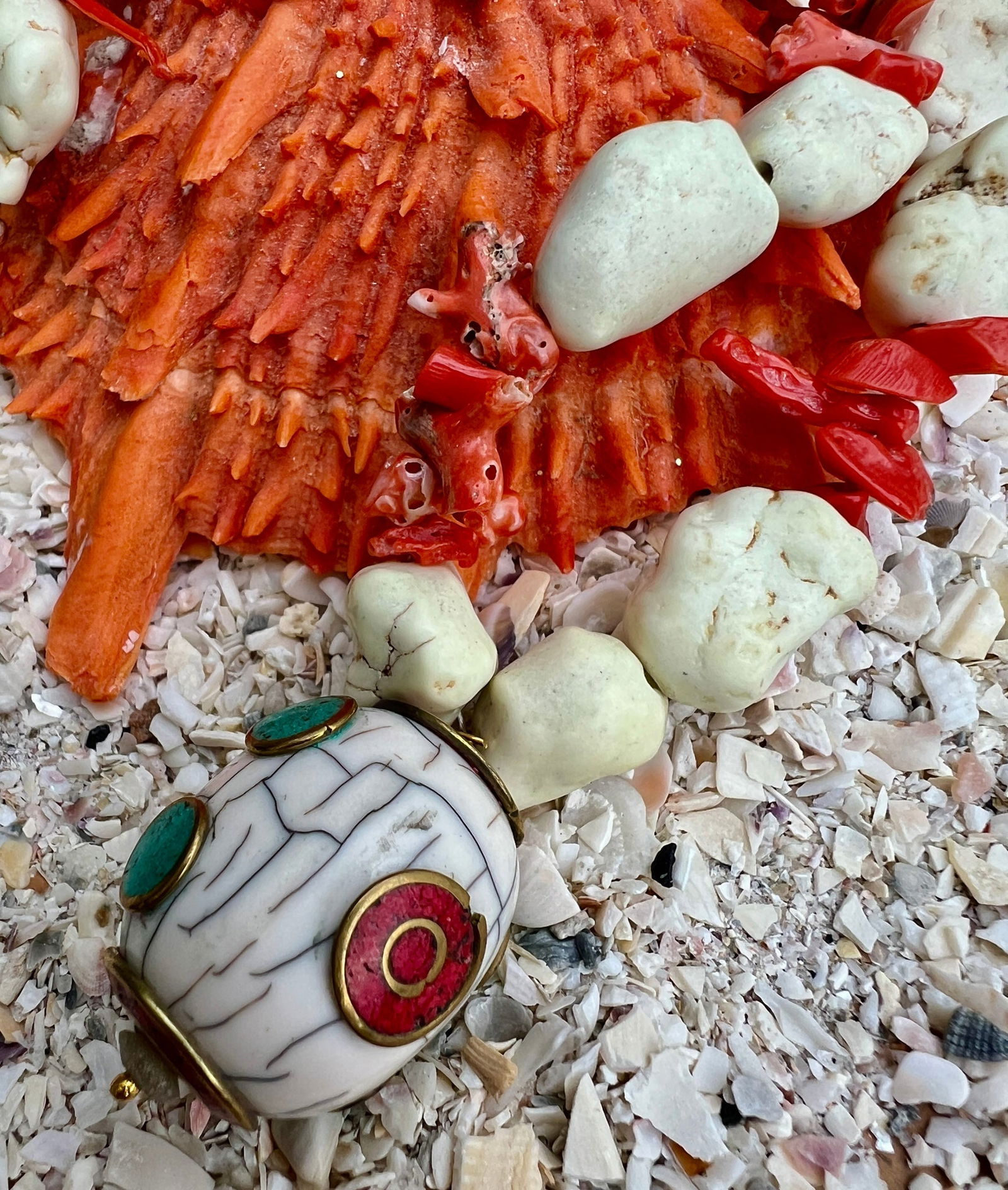 White Turquoise & Coral Necklace with Coral Bead - 2