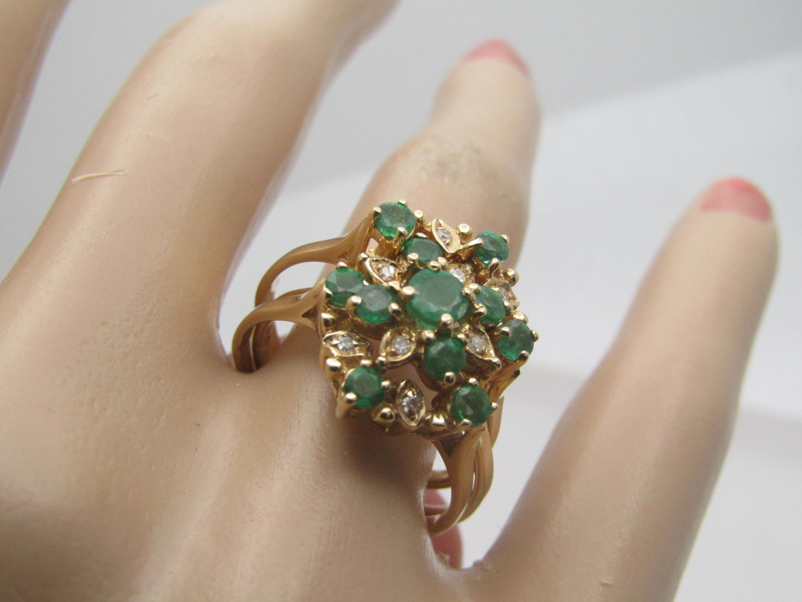 Vintage 14kt Emerald Diamond Blossom Ring with Double Enhancer. Size 9, Signed - 10