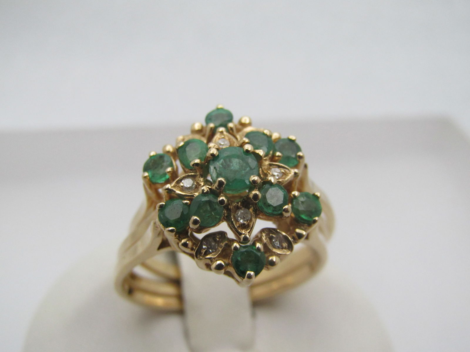 Vintage 14kt Emerald Diamond Blossom Ring with Double Enhancer. Size 9, Signed: Title:Vintage 14kt Emerald Diamond Blossom Ring with Double Enhancer. Size 9, SignedDescription:Vintage 14kt Emerald Diamond Blossom Ring with Double Enhancer. Size 9, Signed PD inside heart. The