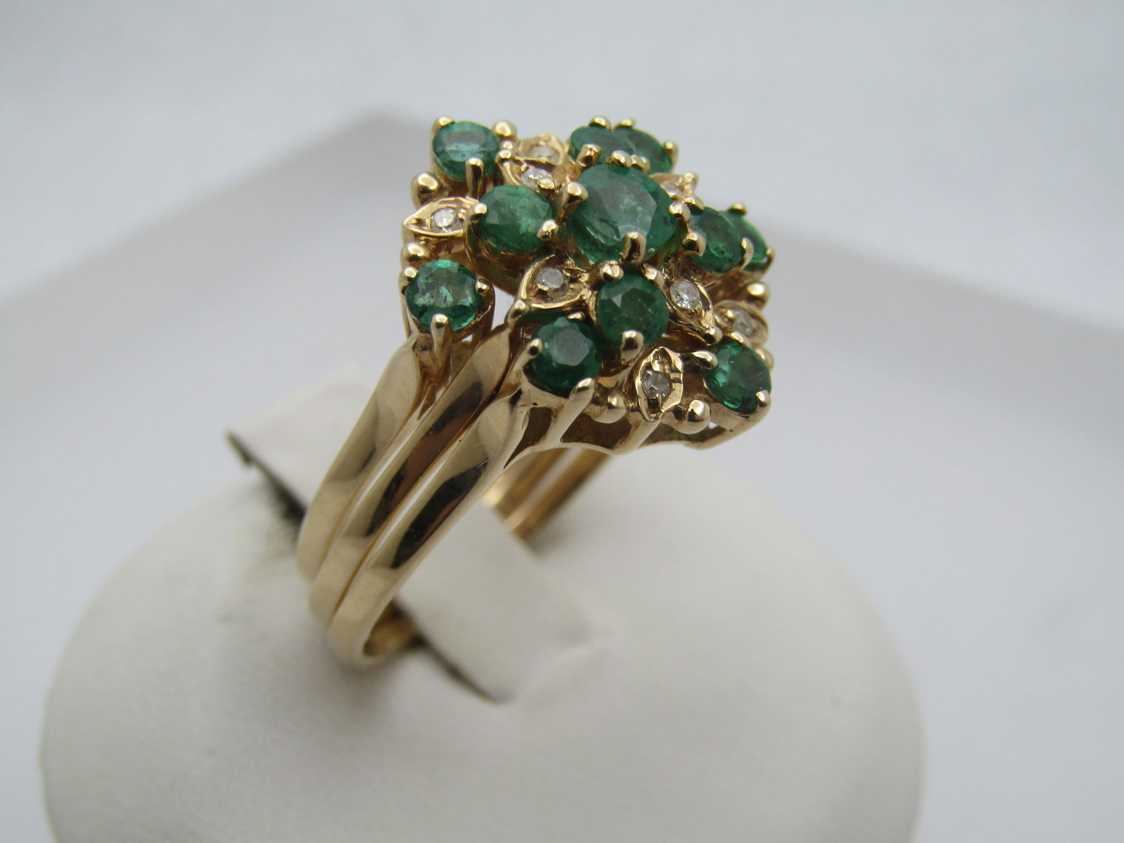 Vintage 14kt Emerald Diamond Blossom Ring with Double Enhancer. Size 9, Signed - 2