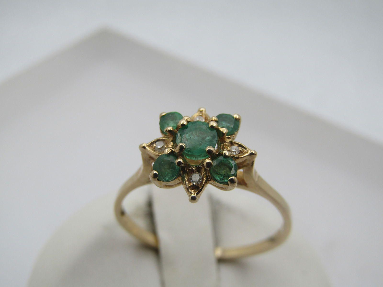 Vintage 14kt Emerald Diamond Blossom Ring with Double Enhancer. Size 9, Signed - 4