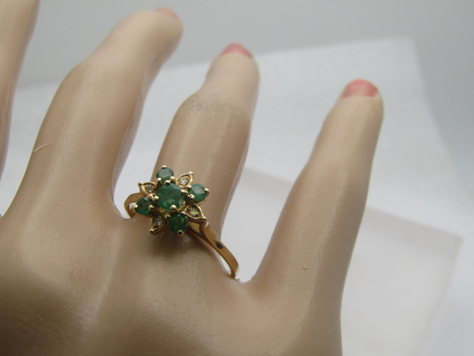 Vintage 14kt Emerald Diamond Blossom Ring with Double Enhancer. Size 9, Signed - 9