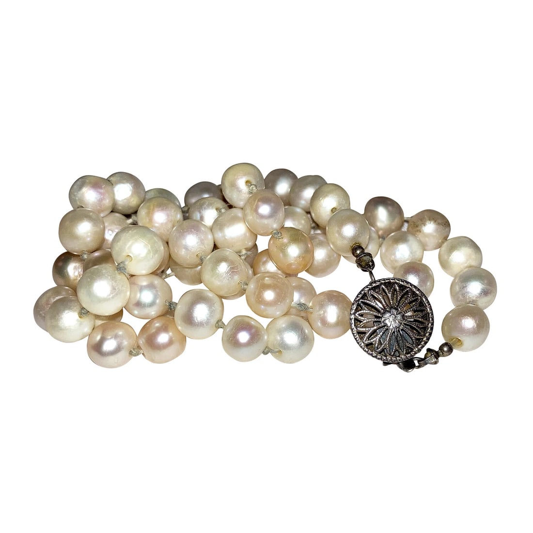 Cultured Pearl Bead Necklace with Sterling Silver Filigree Clasp - 4