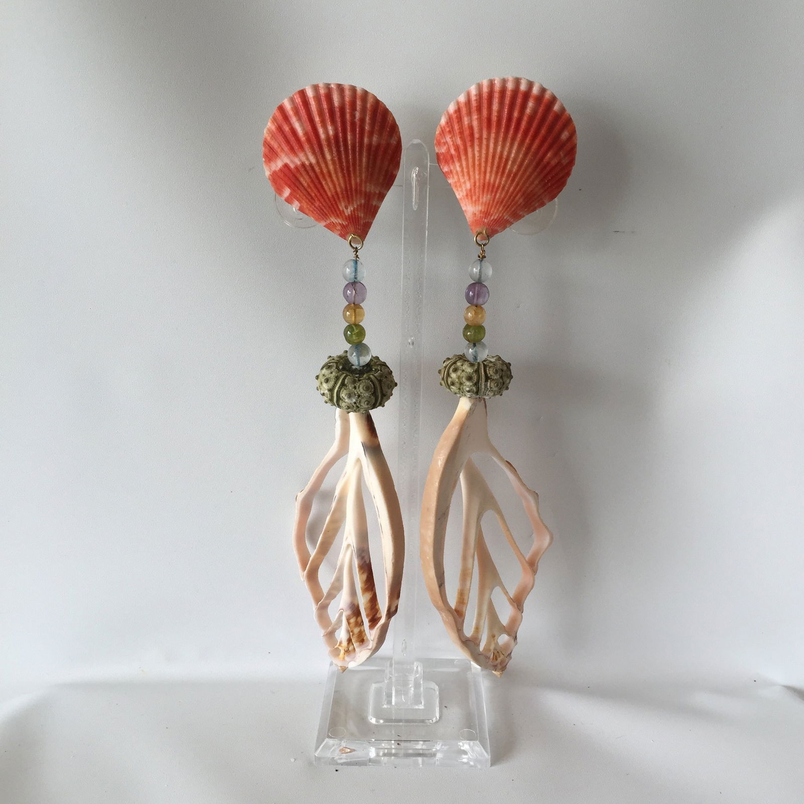 Fun, Fun, Fun Clip Scallop and Cut Shell Earrings: Title:Fun, Fun, Fun Clip Scallop and Cut Shell Earrings Description:Matched naturally-colored Red Pectin shells with various-colored Citrines, Pink Quartz and little green Sea Urchins. The bottom, cut