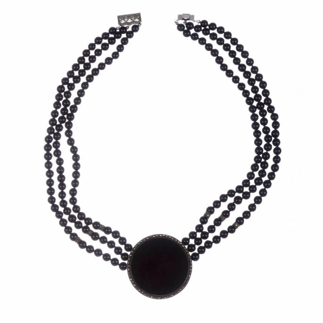 Sterling Silver Onyx Bead and Marcasite Necklace - 3