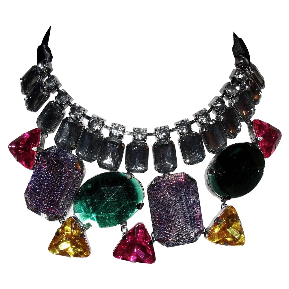 New Massive Multi Colored Rhinestone Bib with Ribbon Necklace - 2