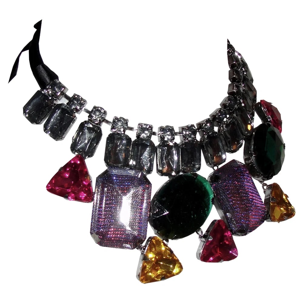 New Massive Multi Colored Rhinestone Bib with Ribbon Necklace - 3
