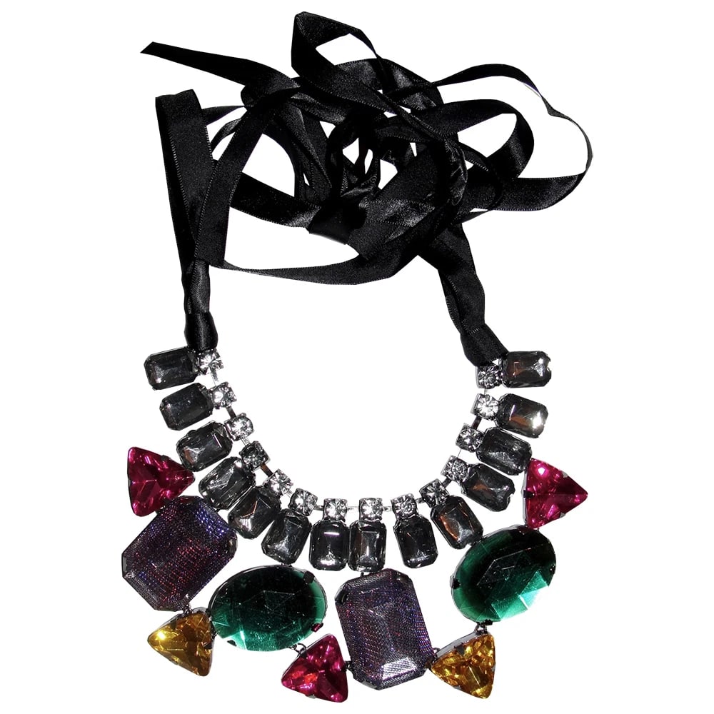 New Massive Multi Colored Rhinestone Bib with Ribbon Necklace - 6