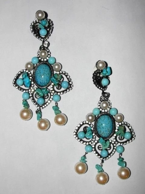 Lawrence Vrba Turquoise Faux Pearl Chandelier Earrings - 2