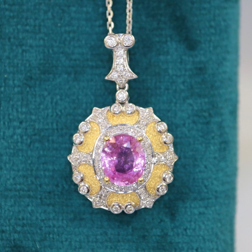 14K GOLD 1.94 CTW NATURAL SAPPHIRE & DIAMOND PENDANT: Title:14K GOLD 1.94 CTW NATURAL SAPPHIRE & DIAMOND PENDANT Description:Ref:230528457Gold Content:14K GoldMain Gemstone:SapphireNumber of stones:1Shape:OvalCarat Weight:1.62ct Color:PinkTreatment:Natur