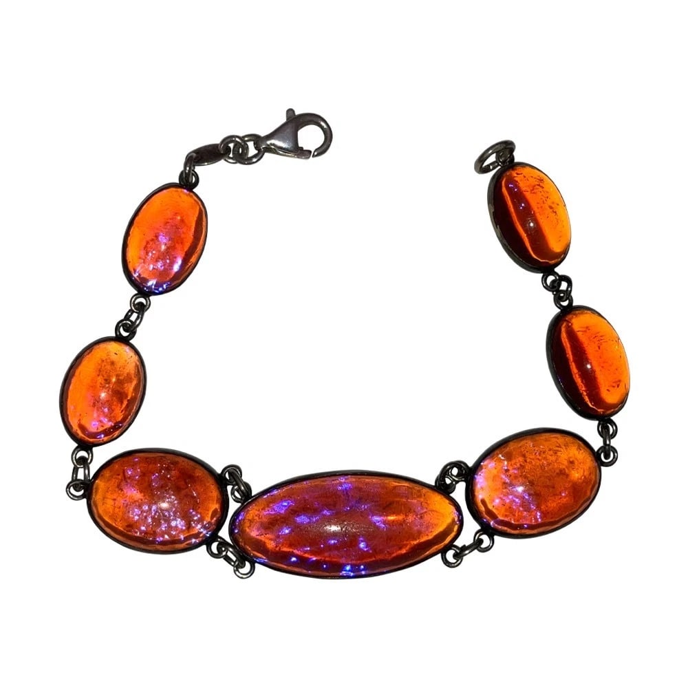 Art Deco Sterling Dragons Blood Glass Cabochon Bracelet with Modern Clasp - 2