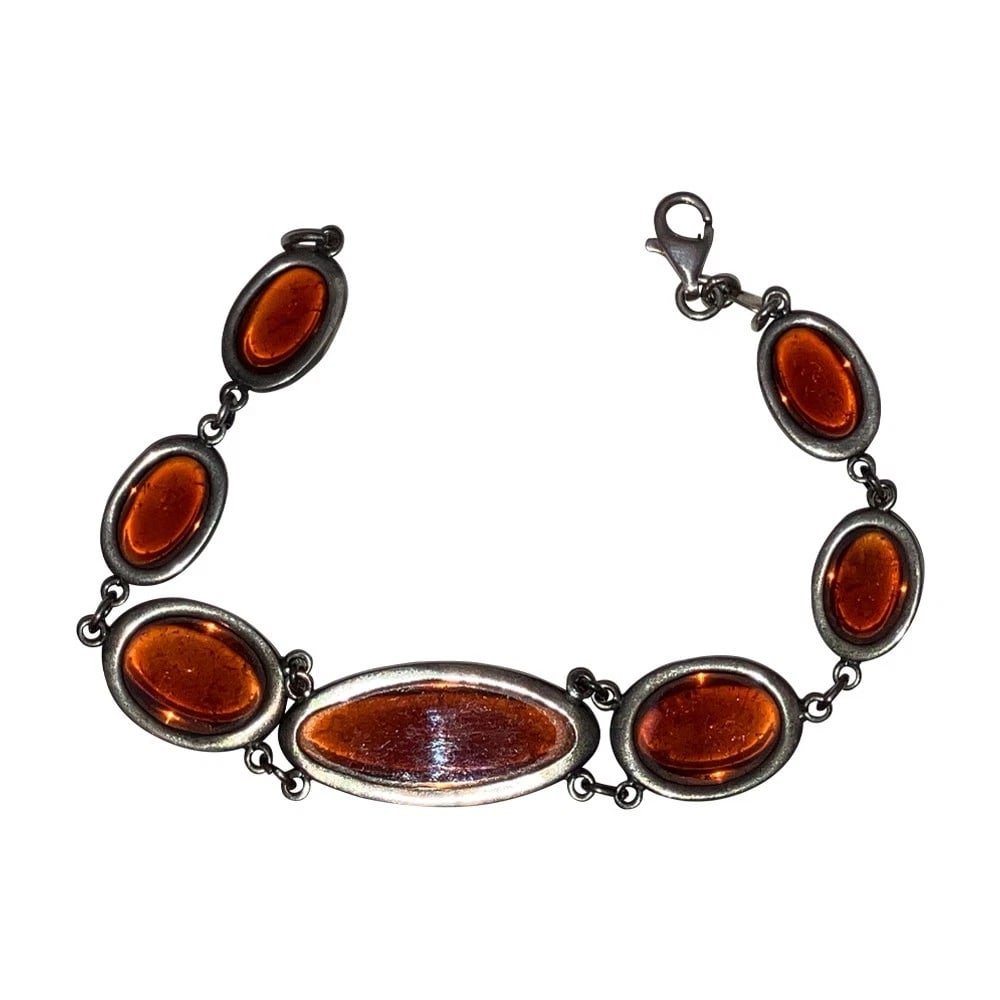 Art Deco Sterling Dragons Blood Glass Cabochon Bracelet with Modern Clasp - 6