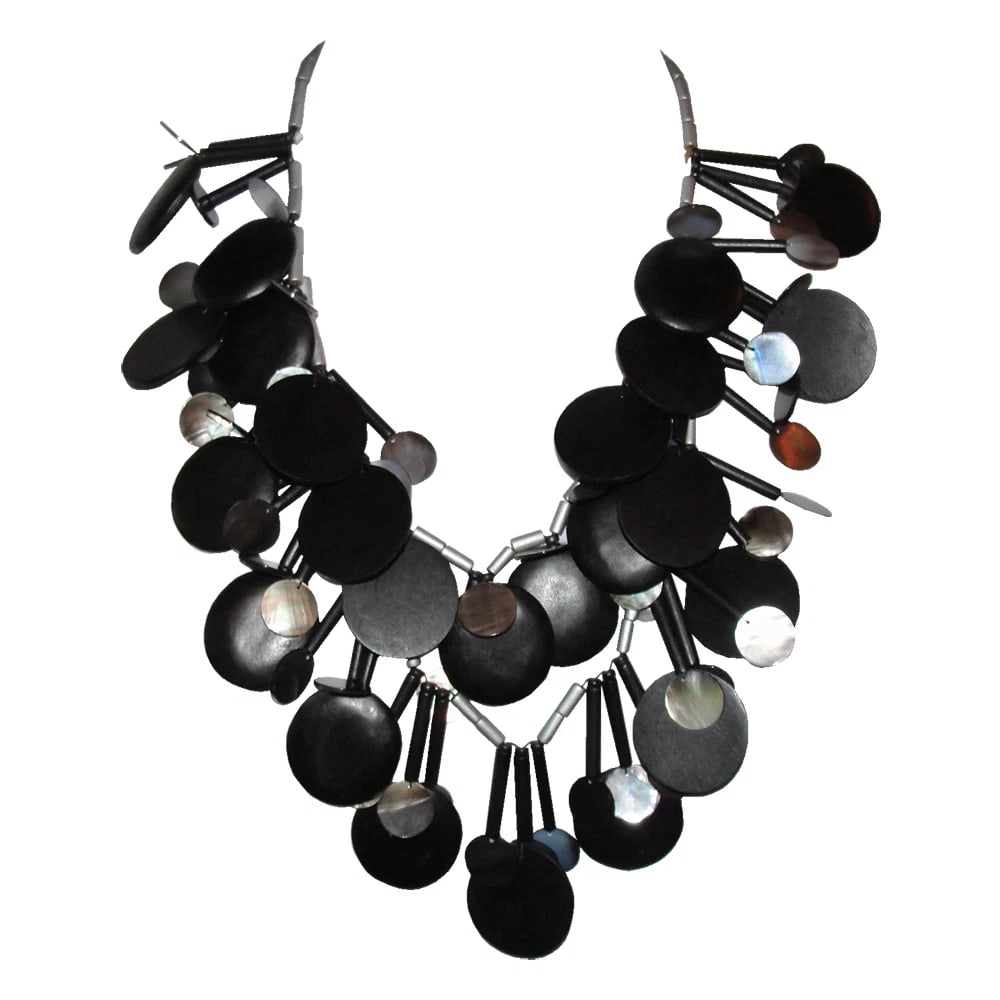Artisan Wood and Mother of Pearl Bead Necklace: Title:Artisan Wood and Mother of Pearl Bead NecklaceDescription:Amazing hand made necklace. Made with painted grey tubular beads, round black painted circular beads, and mother of pearl shell