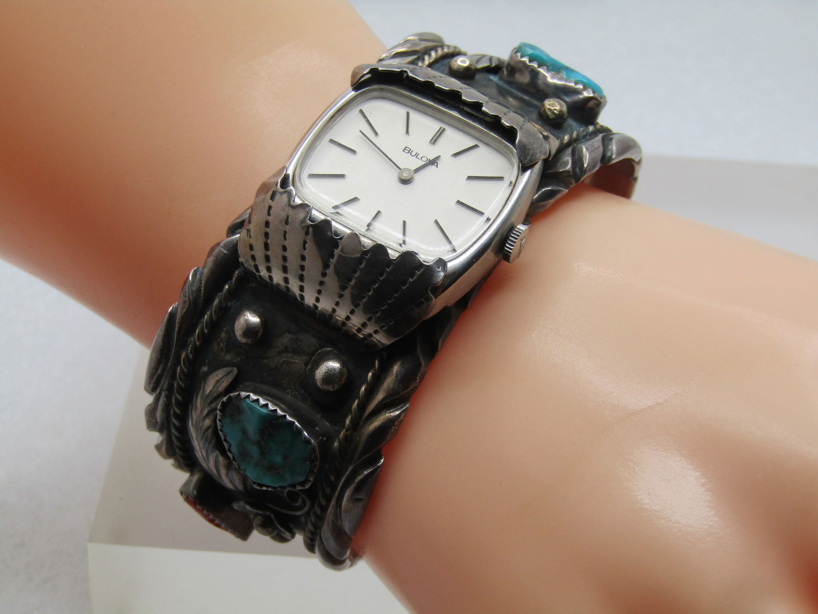 Vintage Sterling Navajo Turquoise Coral Cuff Watch,6.5", J. Yazzie, 1960's-1970's Est. - 2