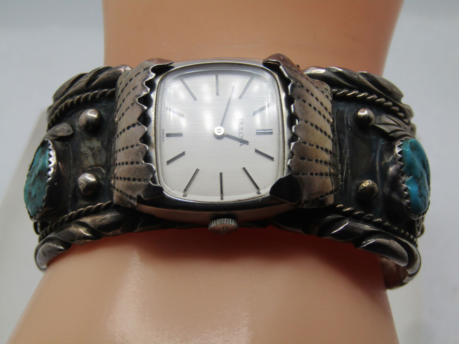 Vintage Sterling Navajo Turquoise Coral Cuff Watch,6.5", J. Yazzie, 1960's-1970's Est. - 3