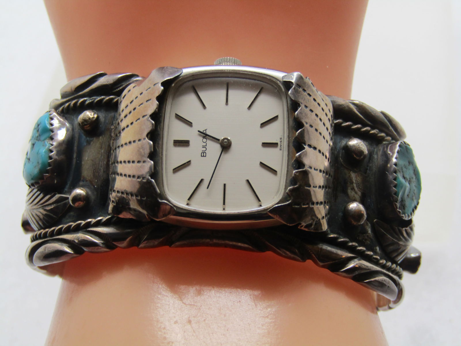 Vintage Sterling Navajo Turquoise Coral Cuff Watch,6.5", J. Yazzie, 1960's-1970's Est. - 4