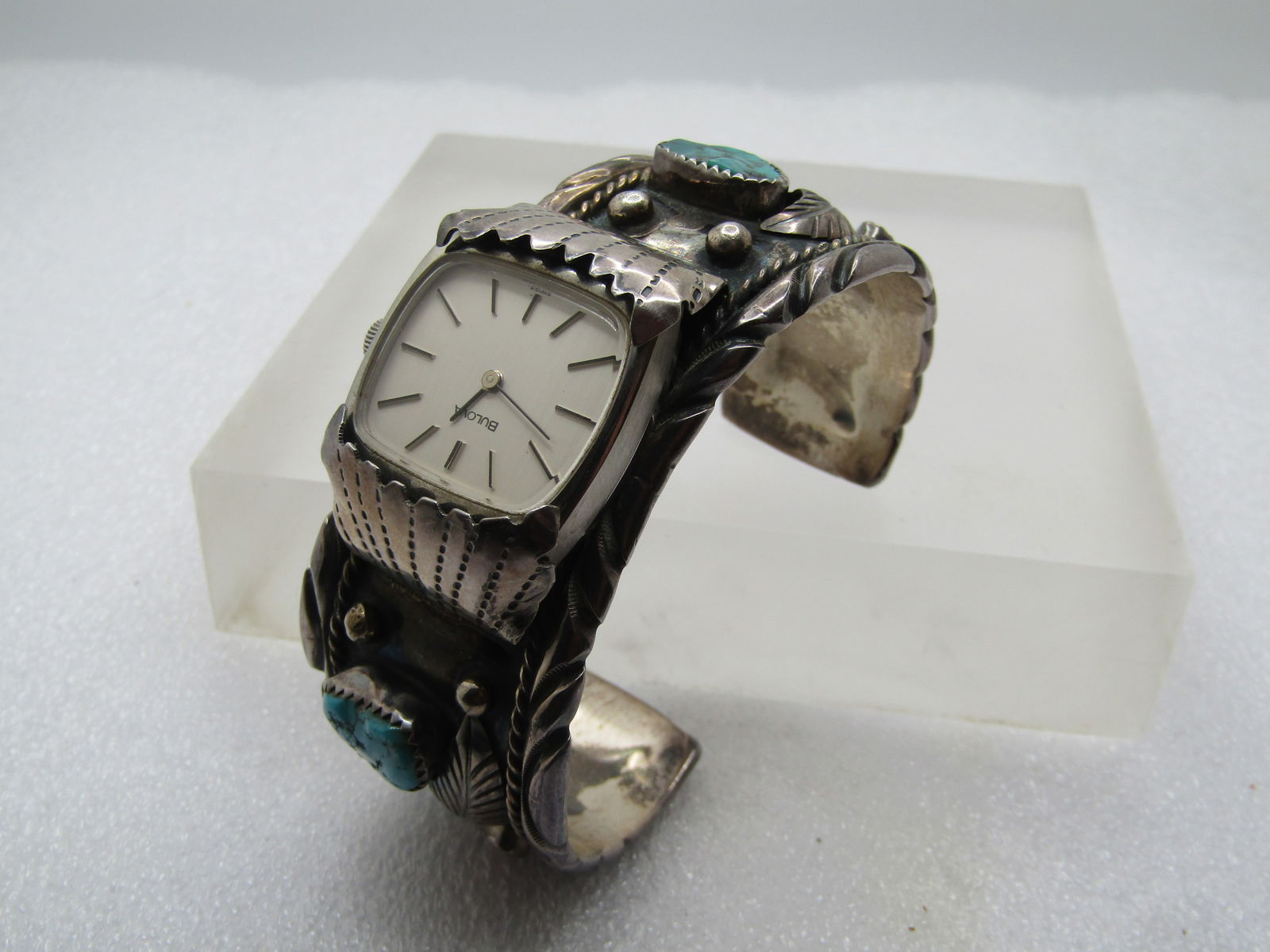 Vintage Sterling Navajo Turquoise Coral Cuff Watch,6.5", J. Yazzie, 1960's-1970's Est. - 6
