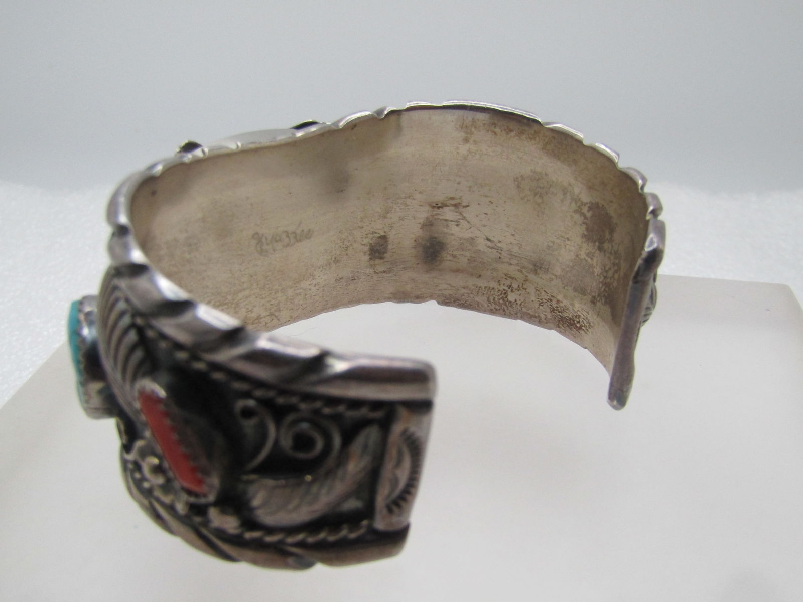 Vintage Sterling Navajo Turquoise Coral Cuff Watch,6.5", J. Yazzie, 1960's-1970's Est. - 8