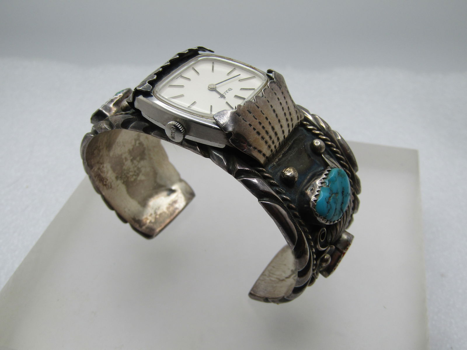 Vintage Sterling Navajo Turquoise Coral Cuff Watch,6.5", J. Yazzie, 1960's-1970's Est. - 9