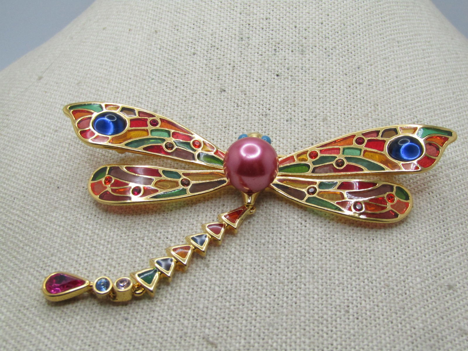 Vintage Joan Rivers Dragonfly Brooch, 3.5" by 3", 1990's: Vintage Joan Rivers Dragonfly Brooch, 3.5" by 3", 1990's Beautiful large articulated dragonfly pin. Plique a jour enameling - like stained glass. From the Classic Collectoin of Joan Rivers. Large