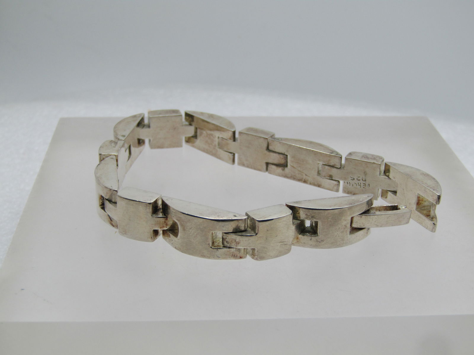 Vintage Round and Square Heavy Link Bracelet 7.75", Unisex, Silver Plated, - 2