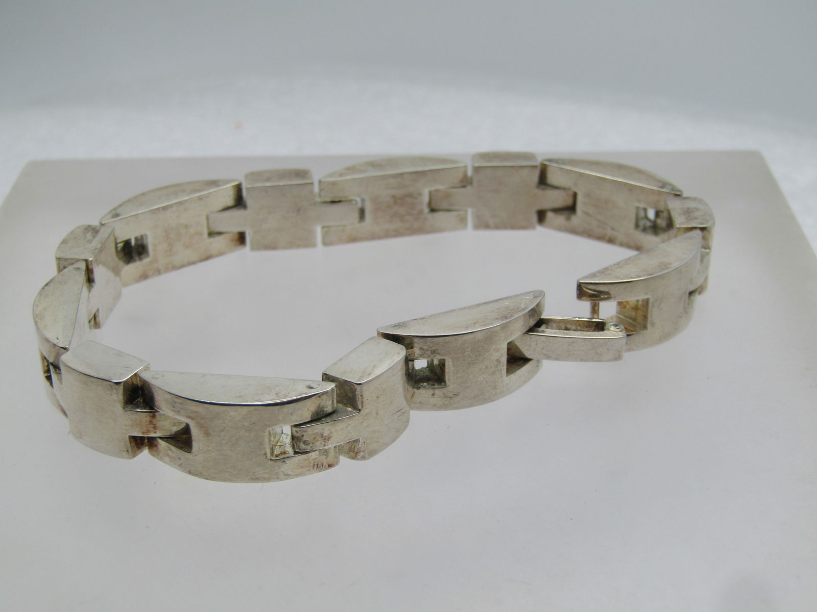 Vintage Round and Square Heavy Link Bracelet 7.75", Unisex, Silver Plated, - 4