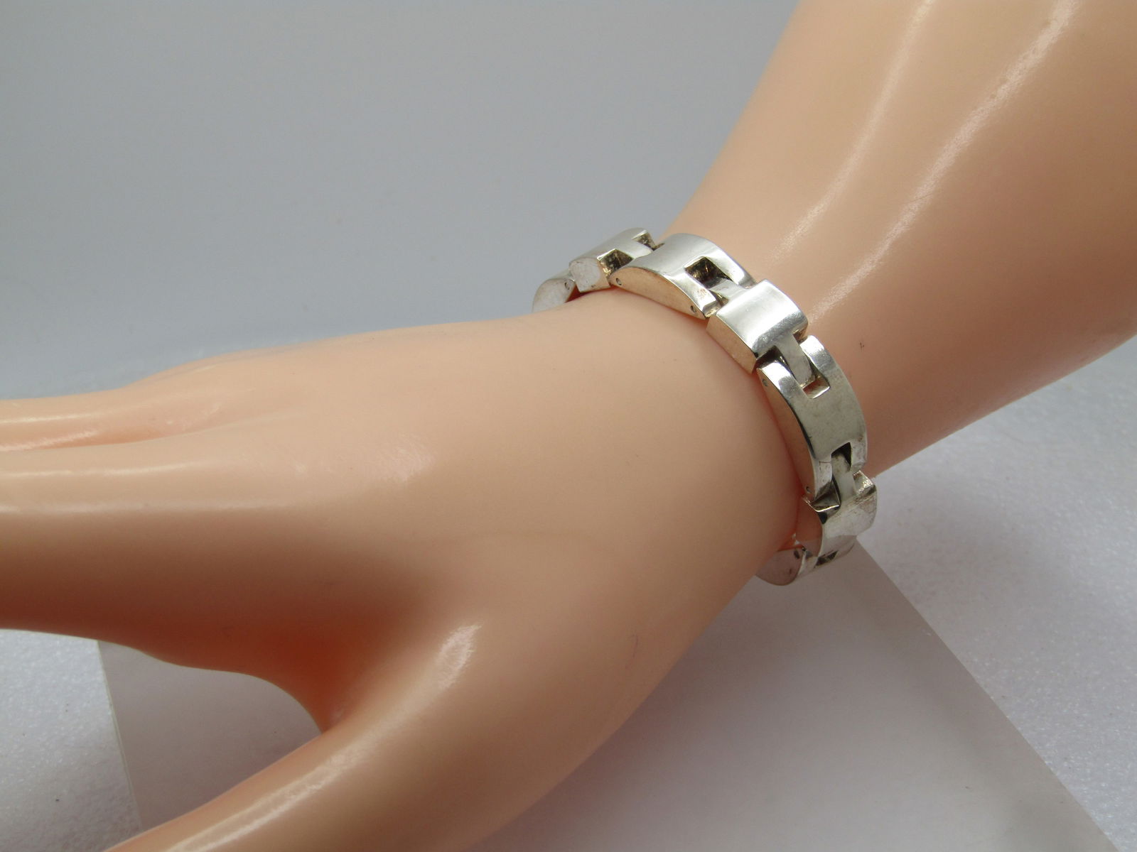 Vintage Round and Square Heavy Link Bracelet 7.75", Unisex, Silver Plated, - 6