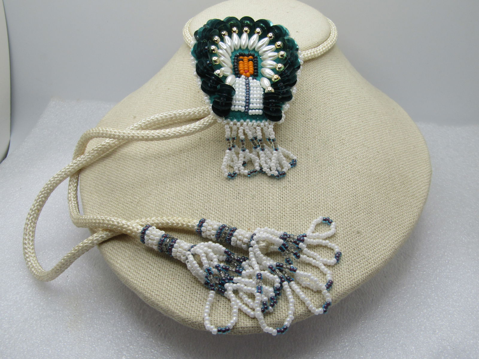 Vintage Beaded/Sequins Chief Bolo Tie, White/Green/Gray, 34" with Tassels, 1970's-1980's - 2