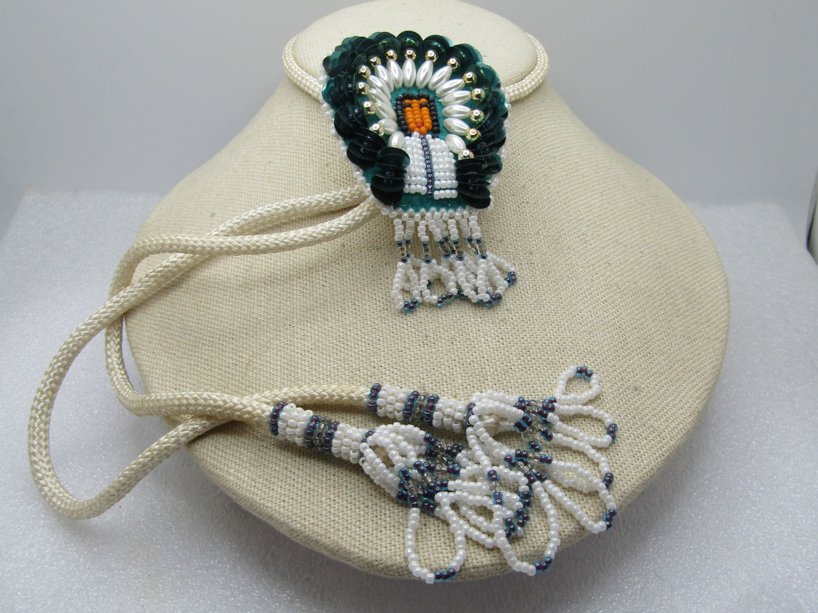 Vintage Beaded/Sequins Chief Bolo Tie, White/Green/Gray, 34" with Tassels, 1970's-1980's - 3