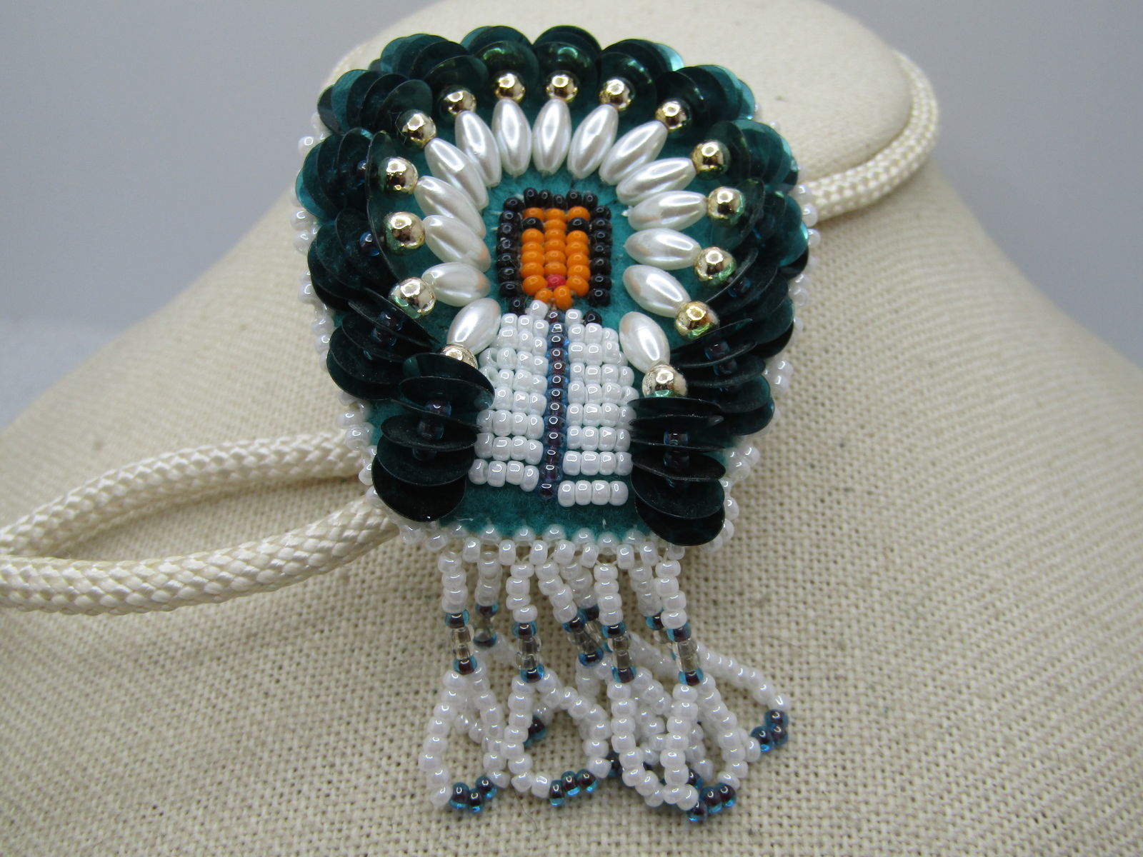 Vintage Beaded/Sequins Chief Bolo Tie, White/Green/Gray, 34" with Tassels, 1970's-1980's - 4