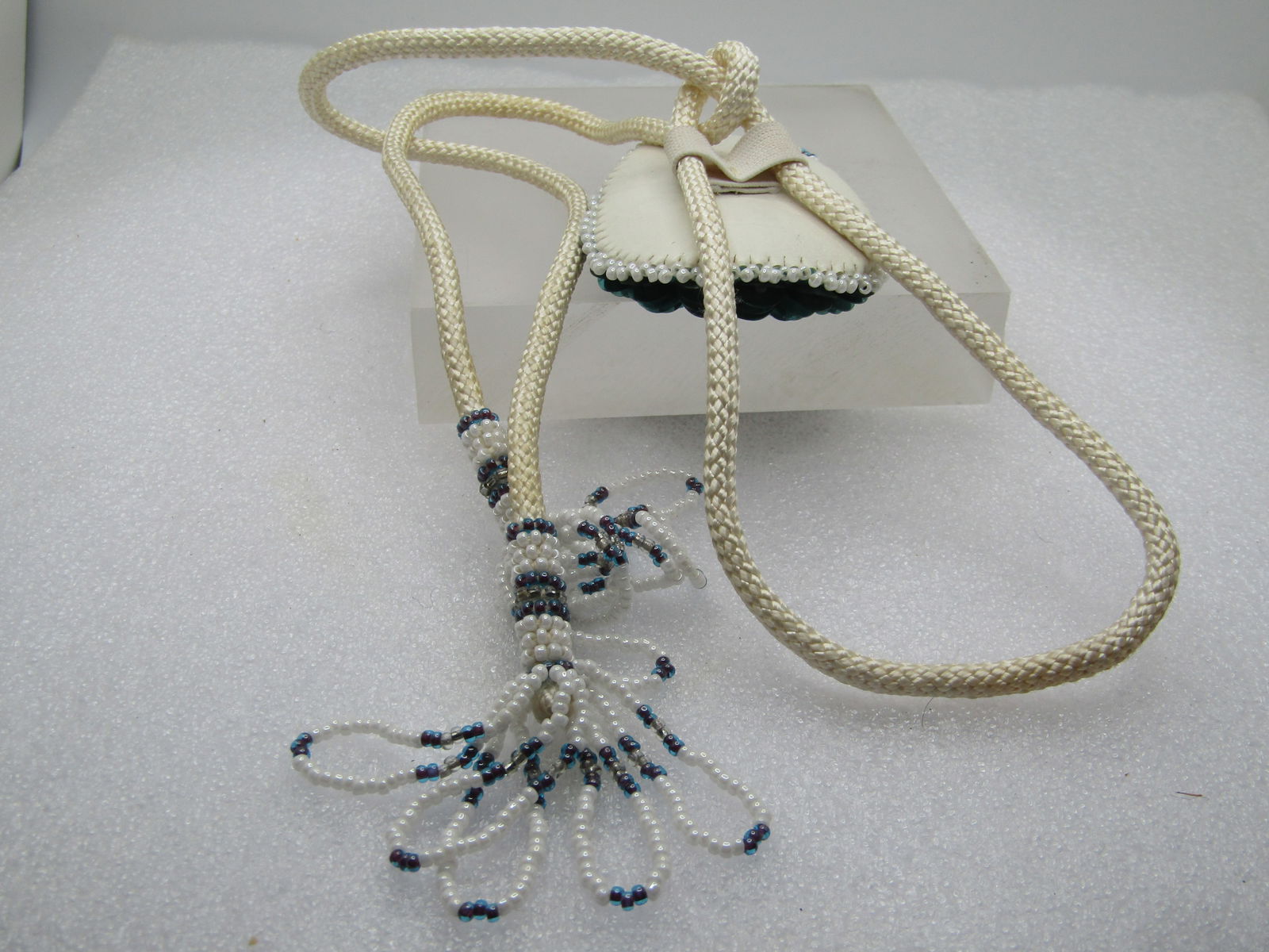 Vintage Beaded/Sequins Chief Bolo Tie, White/Green/Gray, 34" with Tassels, 1970's-1980's - 6