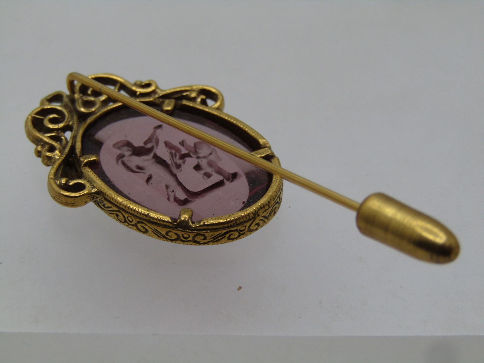 Vintage Purple Glass Angel Cameo Stick Pin, Reverse Carved, 1960's-1970's - 4